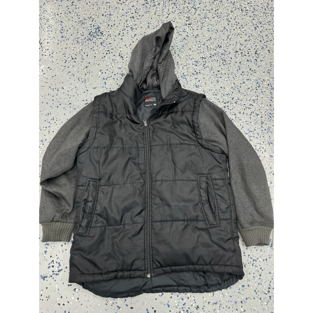 Southpole Hooded Jacket Medium Black Puffer‎ with Gray Knit Sleeves